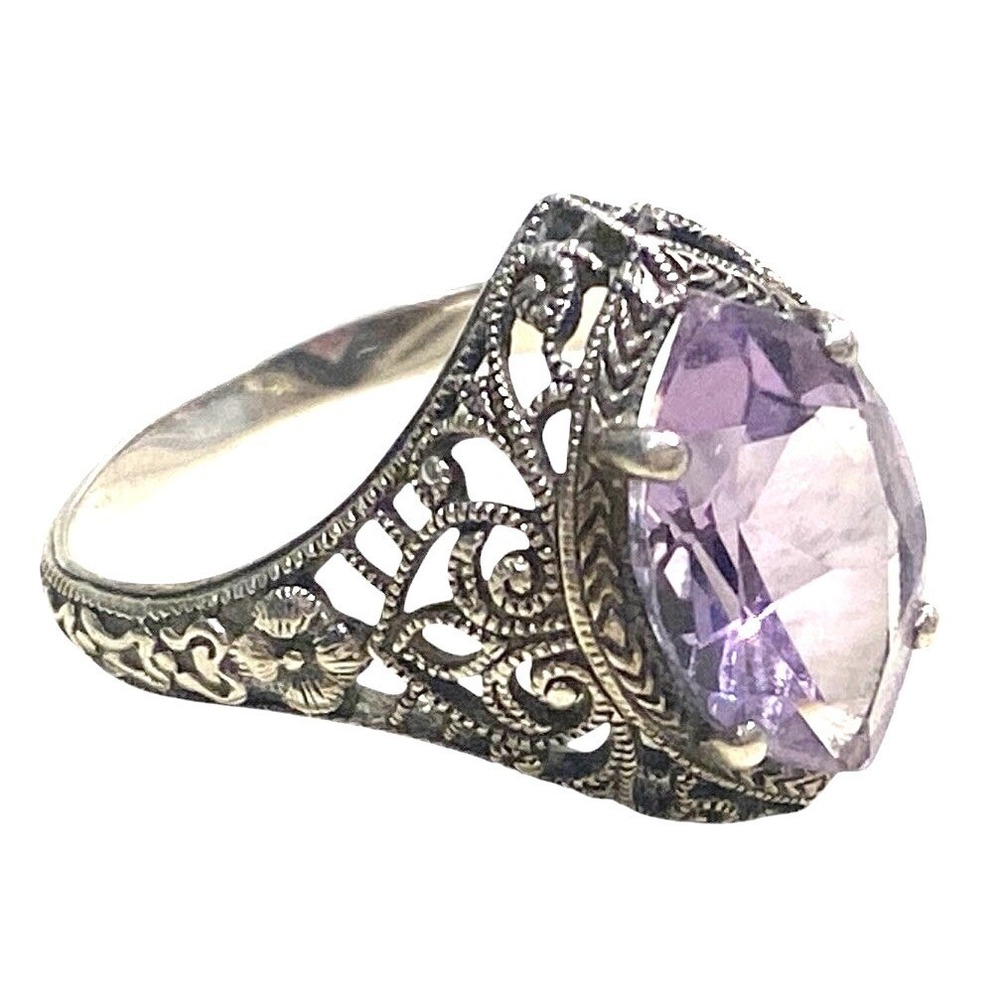 Signed CNA Sterling Silver Amethyst Stone Filigree Art Deco Style Ring*Size 9.25